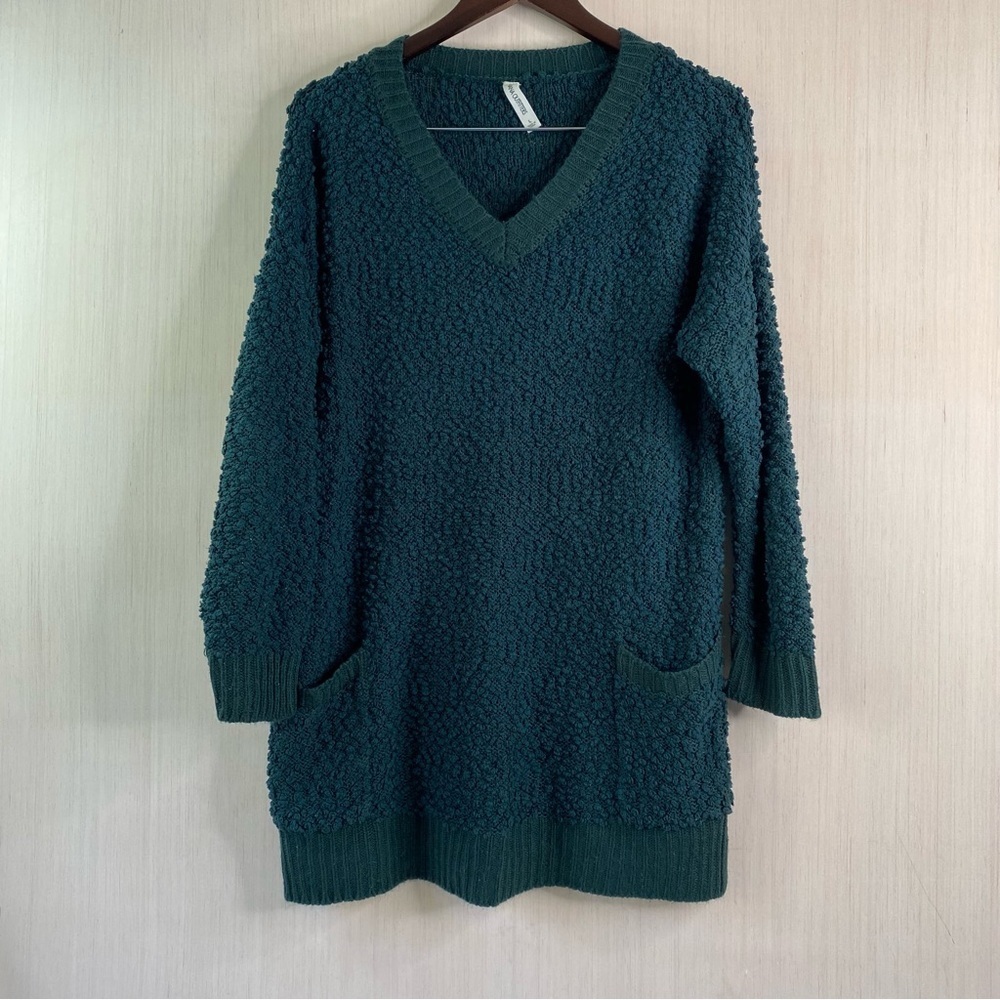 Zenana Outfitters Women's Long Sleeve V-Neck Popcorn Knit Sweater Teal Large